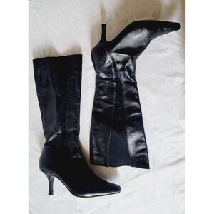 Sanzia Black Tall Leather Stretch 3" Boots Size 8W Pointed Toe Black Calf Zipper